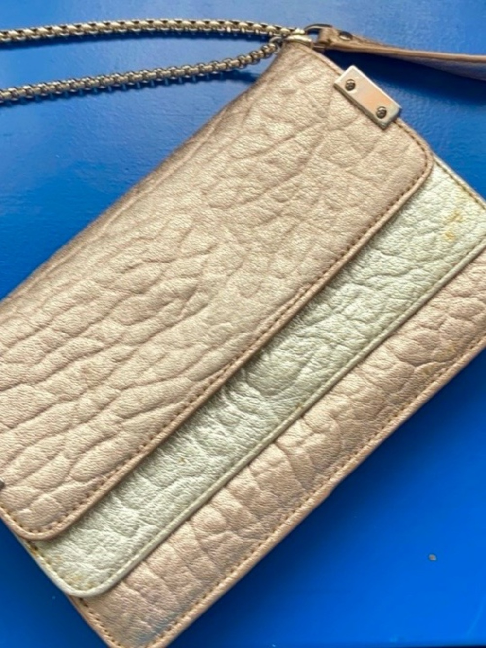 Stuart Weitzman Metallic Rose Gold Pewter Silver Detachable Chain Wallet Purse